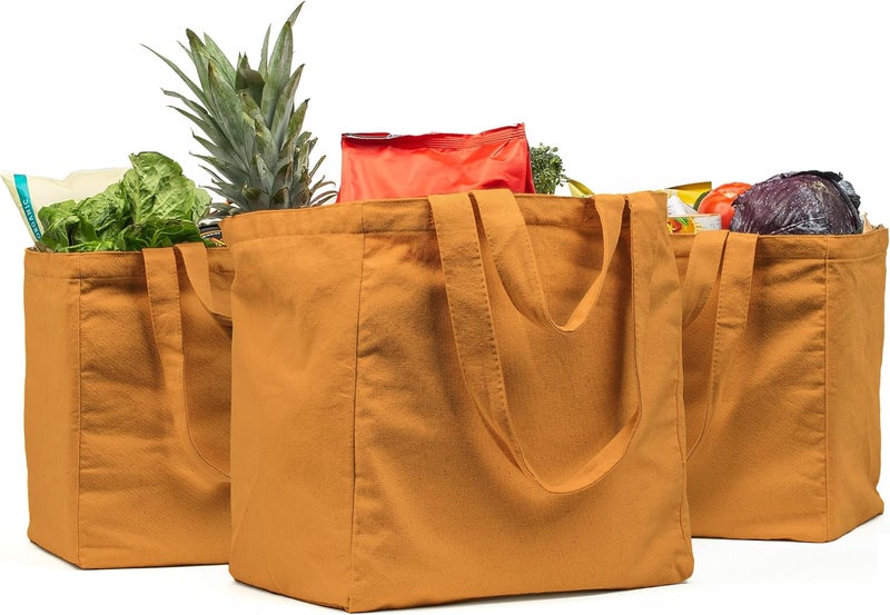 VeraMia Canvas Grocery Bag 3pc XL Set with Real Pockets, Long Shoulder Strap and Short Handle. Heavy Duty, Foldable, Washable - Image 1